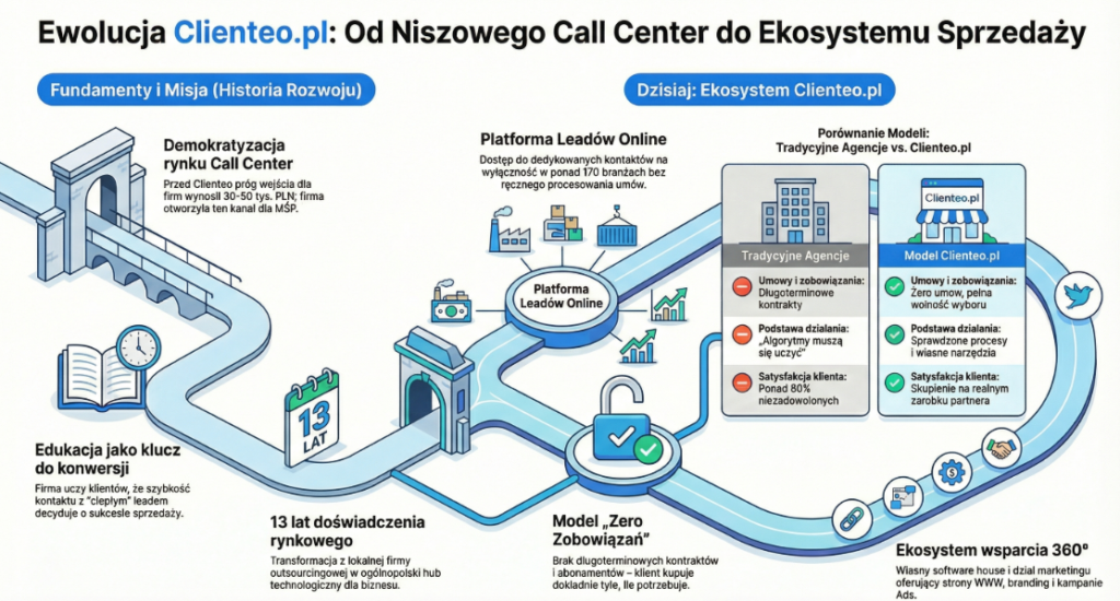 Grafika źródłowa

Infografika przedstawiająca ewolucję Clienteo.pl została wykorzystana z materiału źródłowego podcastu „Oko na Biznes” i stanowi wizualne podsumowanie omawianych w audycji etapów rozwoju.